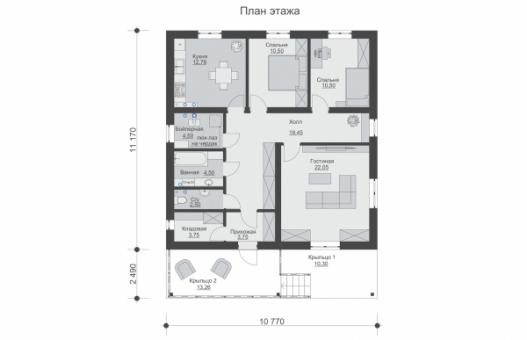 Одноэтажный дом с двумя спальнями и кладовой